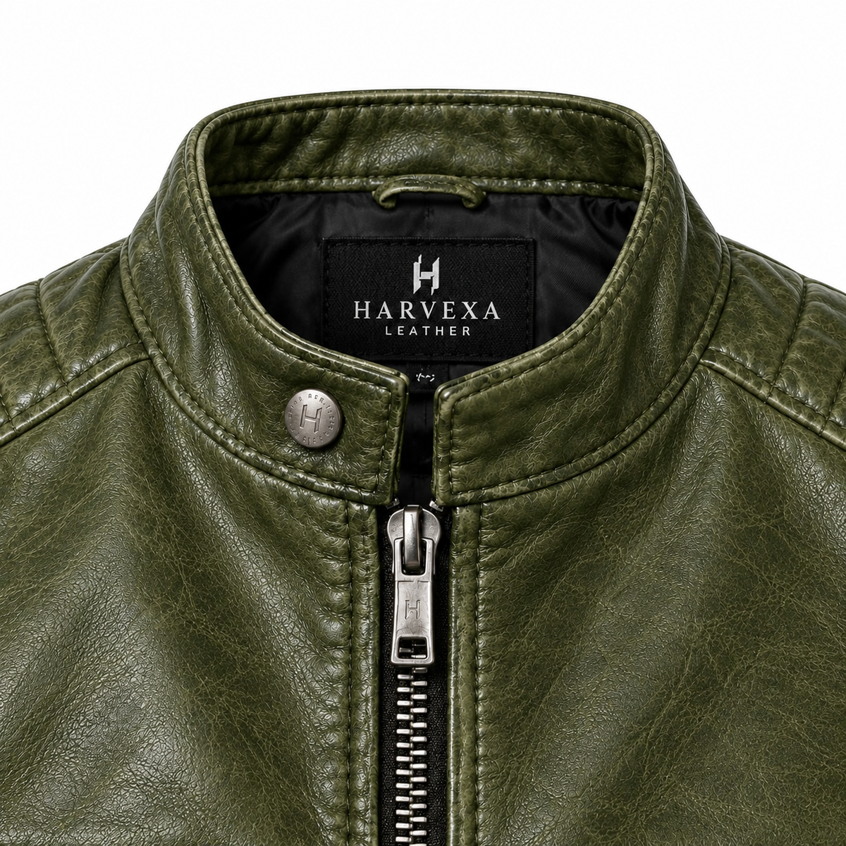 Olive Green Leather Jacket with Metal Zippers and Quilted Shoulder Details