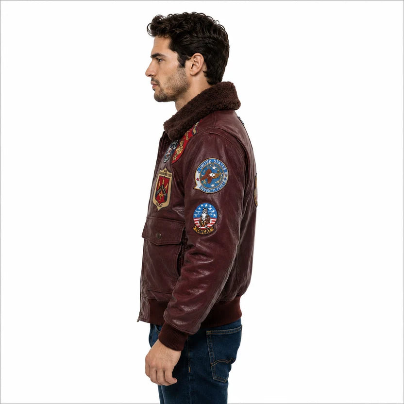 Men's Brown Leather Jacket with Brown Shearling Collar
