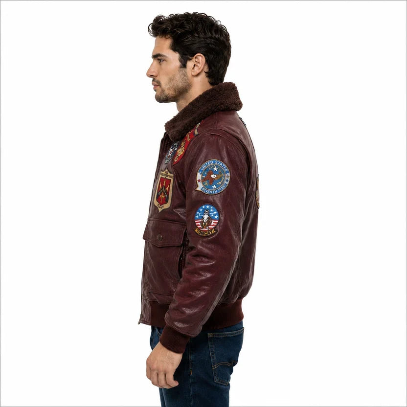 Men's Black Genuine Leather Top Gun Bomber Aviator Jacket