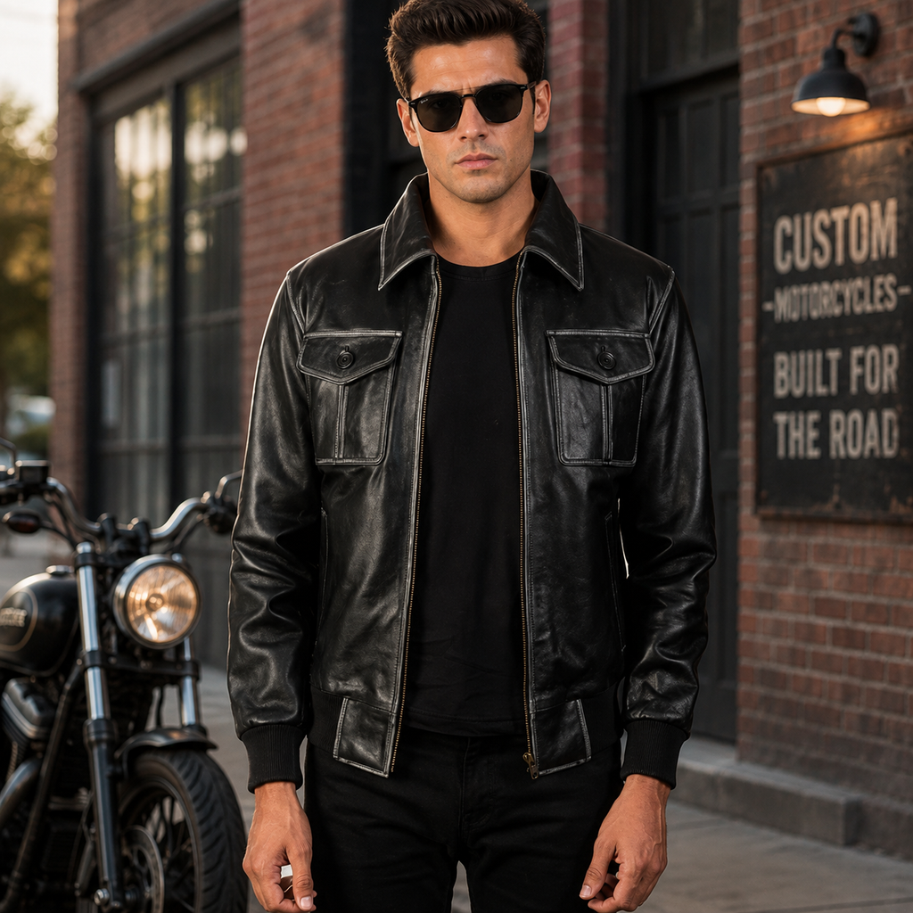 Aaron Black Leather Bomber Jacket