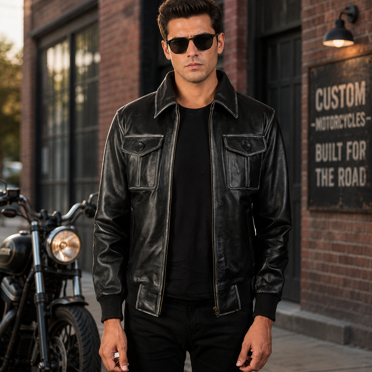 Aaron Black Leather Bomber Jacket