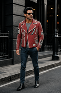 LP-FACON Men's Rock Punk Red Studded Spike Leather Biker Jacket
