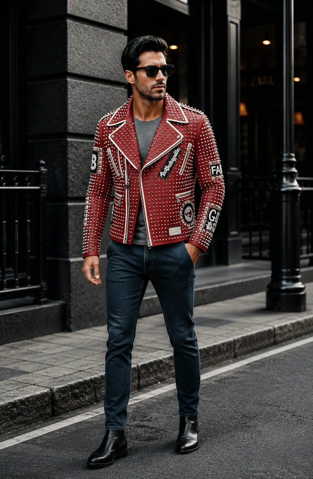 LP-FACON Men's Rock Punk Red Studded Spike Leather Biker Jacket