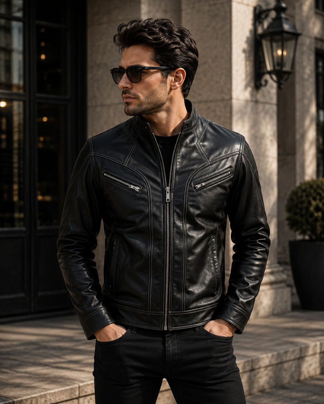 Men's Black Contrast Stitch Leather Jacket