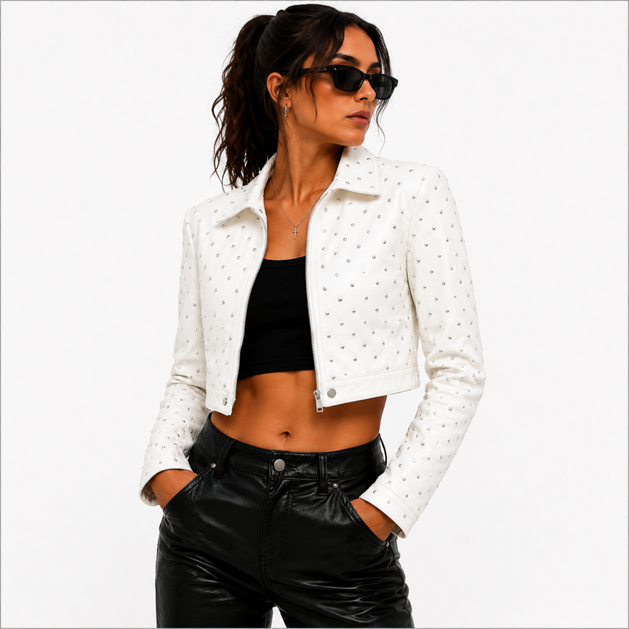 Women's Cropped Studded White Leather Jacket