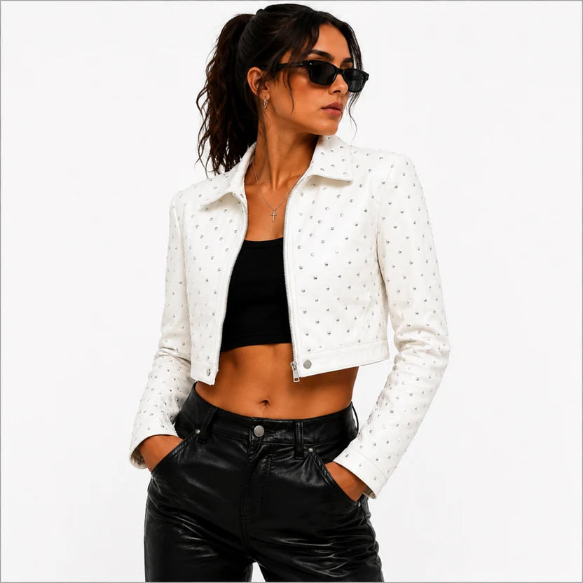 women's white studded crop leather jacket 