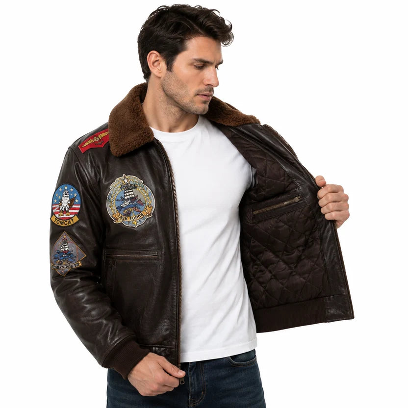 Men's Black Genuine Leather Top Gun Bomber Aviator Jacket