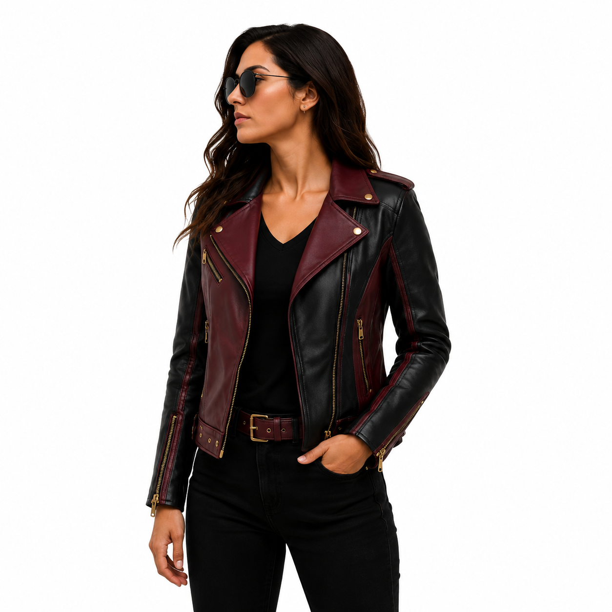 Women's Black & Burgundy Biker Leather Jacket