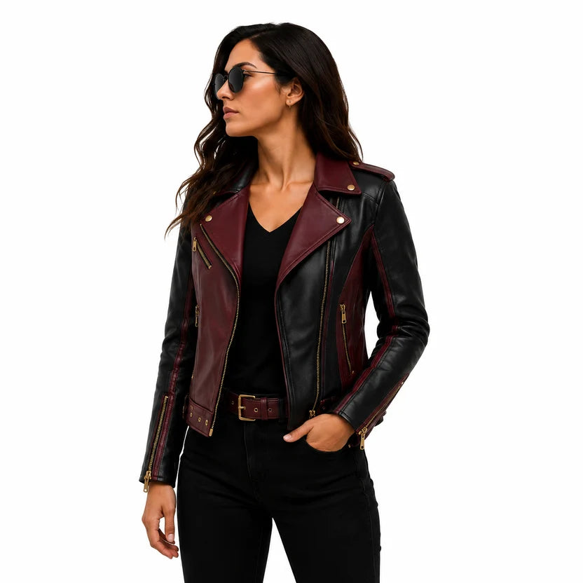 Women's maroon black genuine leather jacket