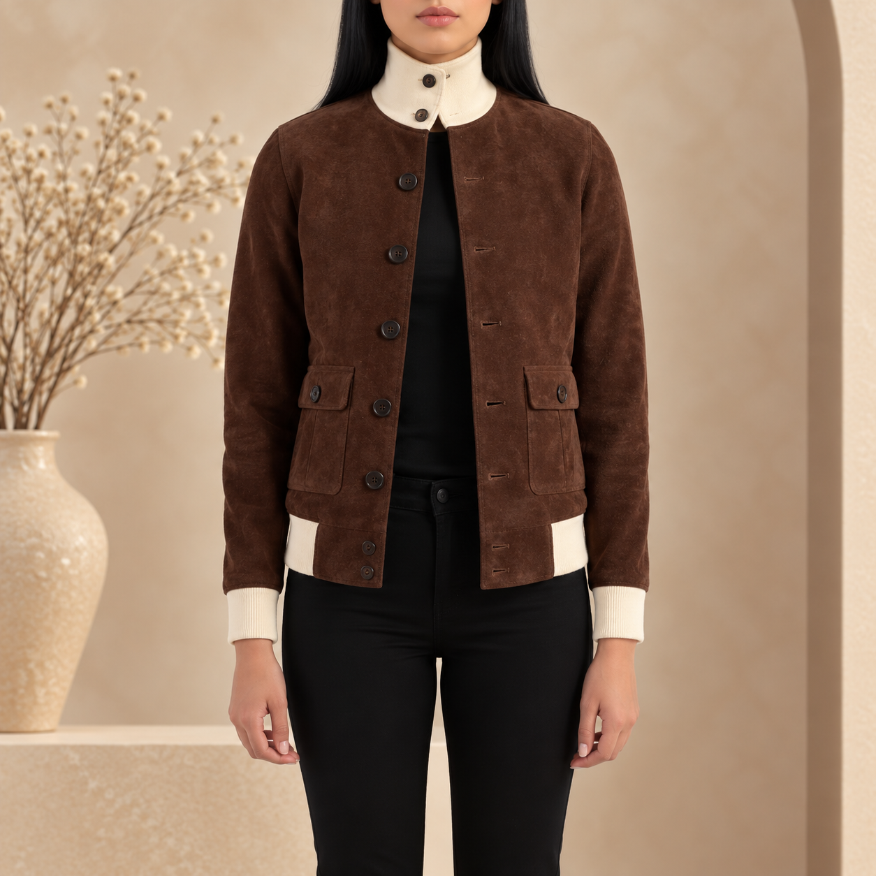Sasha A1 Mocha Suede Bomber Jacket