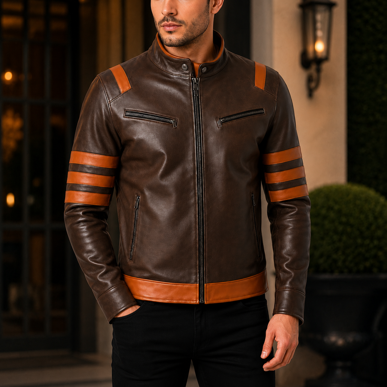 Men's Brown Tan Striped Genuine Leather Cafe Racer Jacket