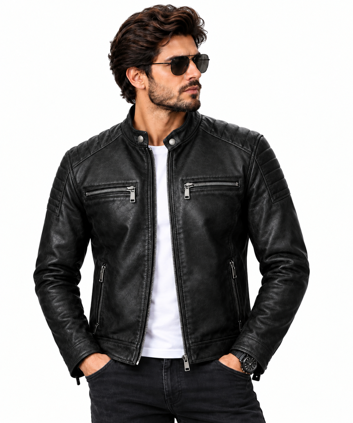 black distressed biker moto jacket with zipper pockets