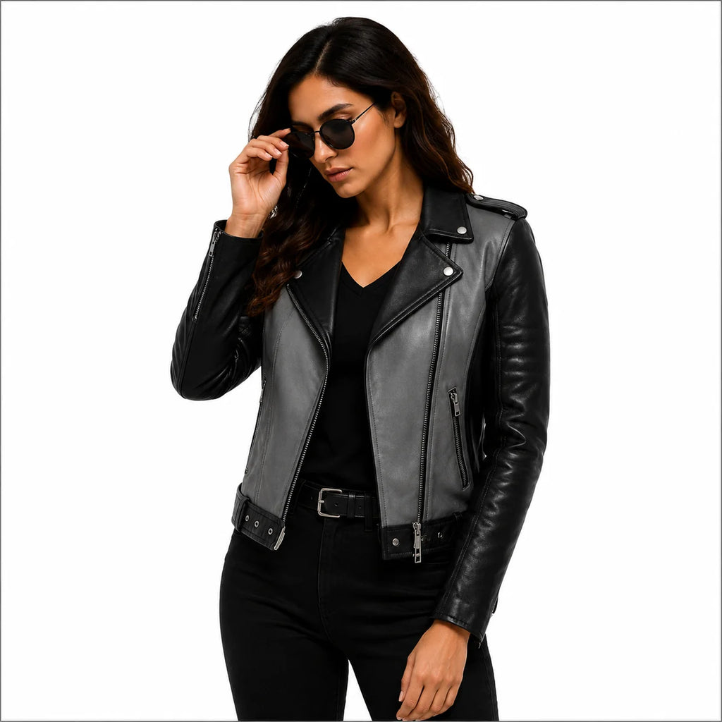 women's grey and black genuine leather biker jacket