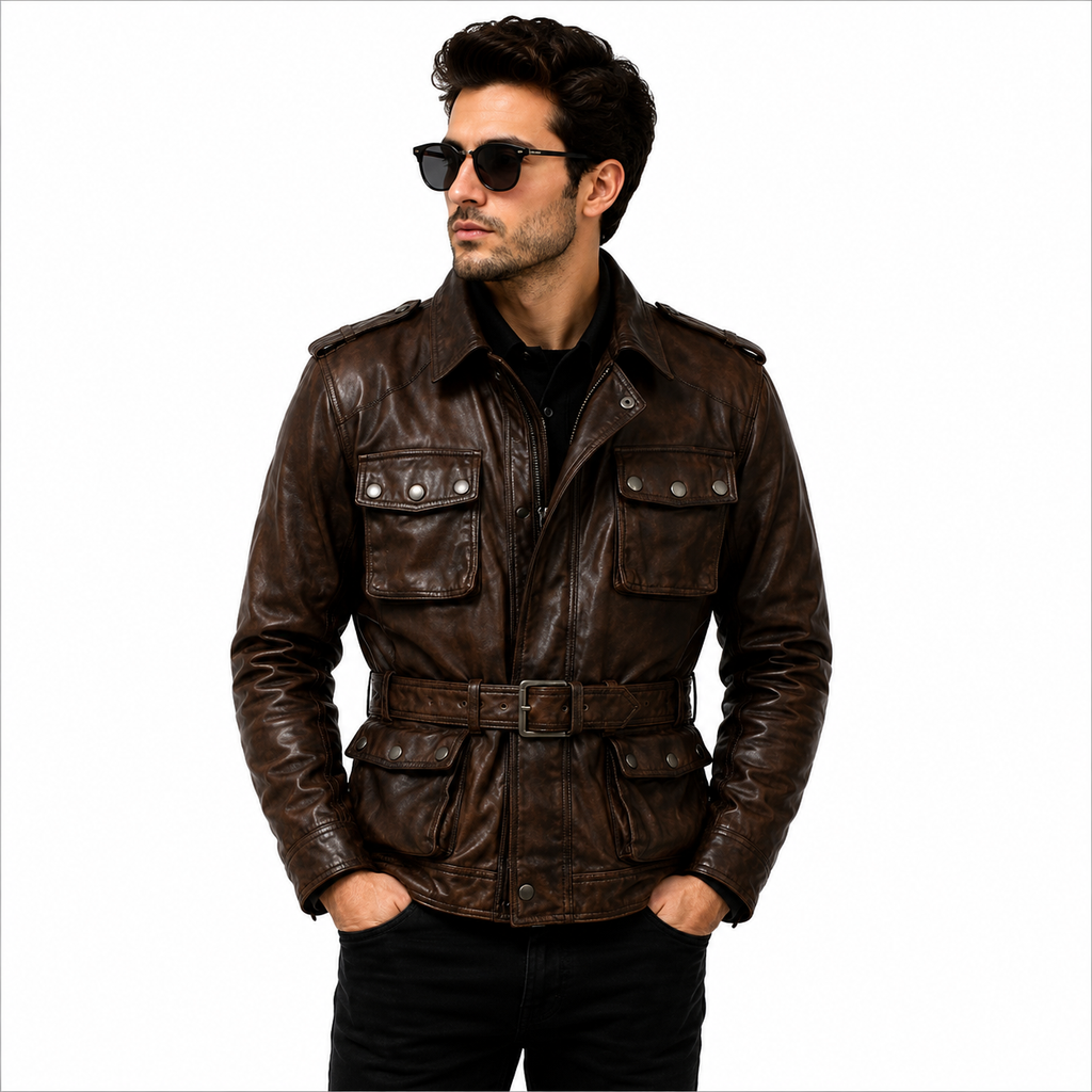 Men's Dark Brown Military Safari Leather Field Jacket