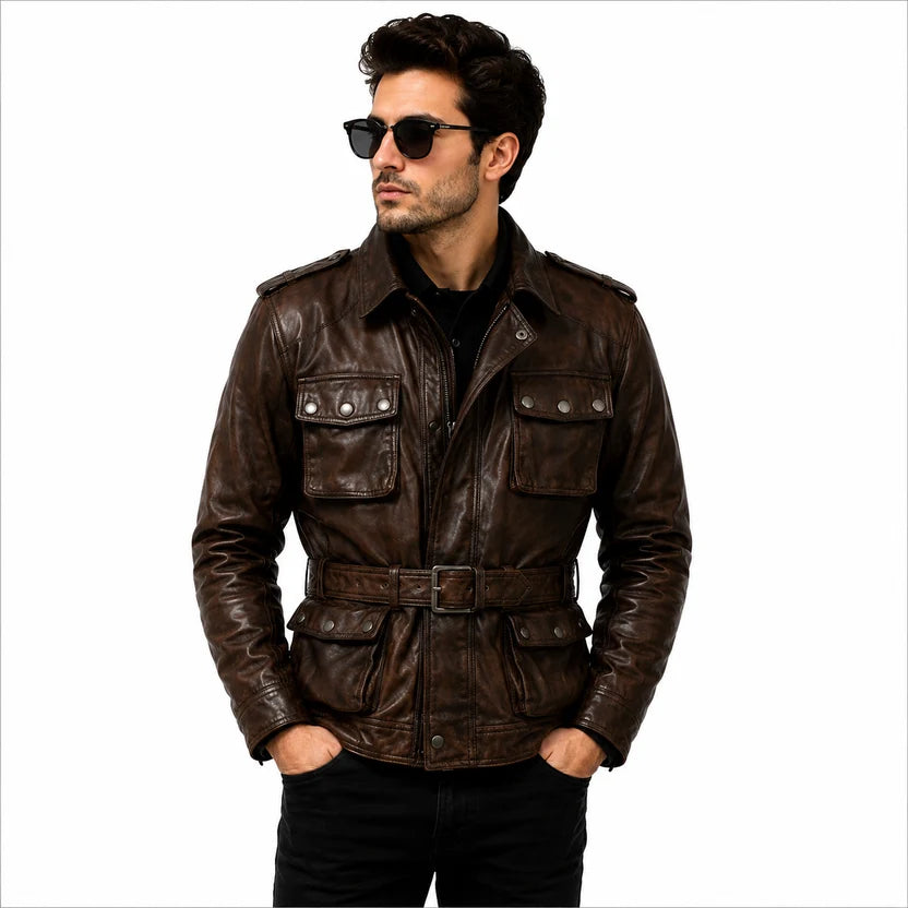 Men's Dark Brown Leather Field Biker Jacket Vintage Streetwear Outfit