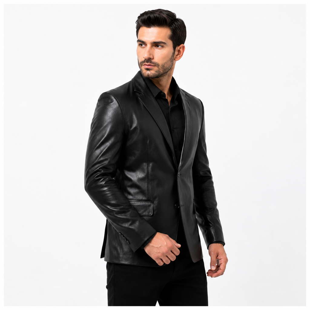 Genuine Leather Blazer Notch Lapel Detail