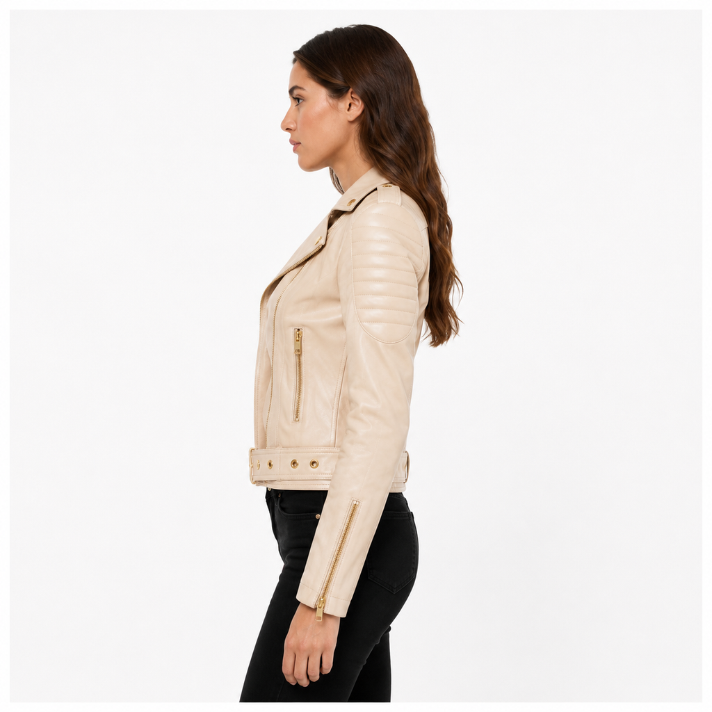 Women's Cropped Beige Leather Biker Jacket