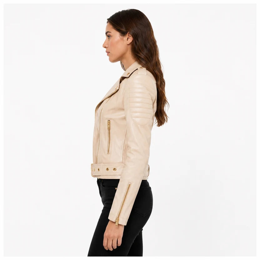 Women's Beige Biker Leather Jacket 