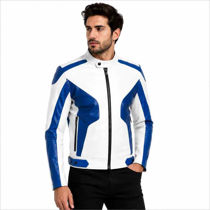Men's White and Black Genuine Leather Biker Jacket