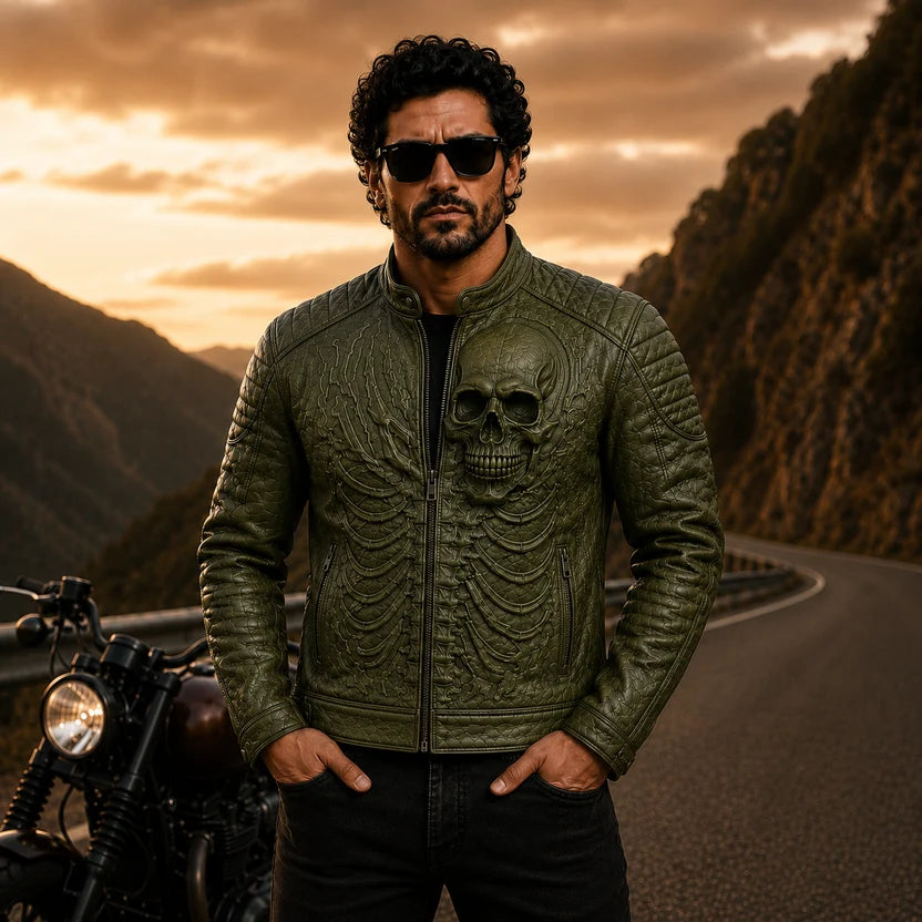 olive green textured leather jacket
