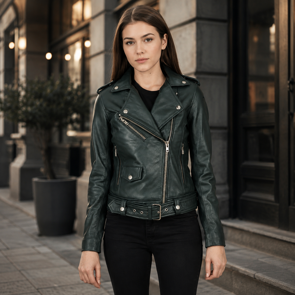 green leather jacket women