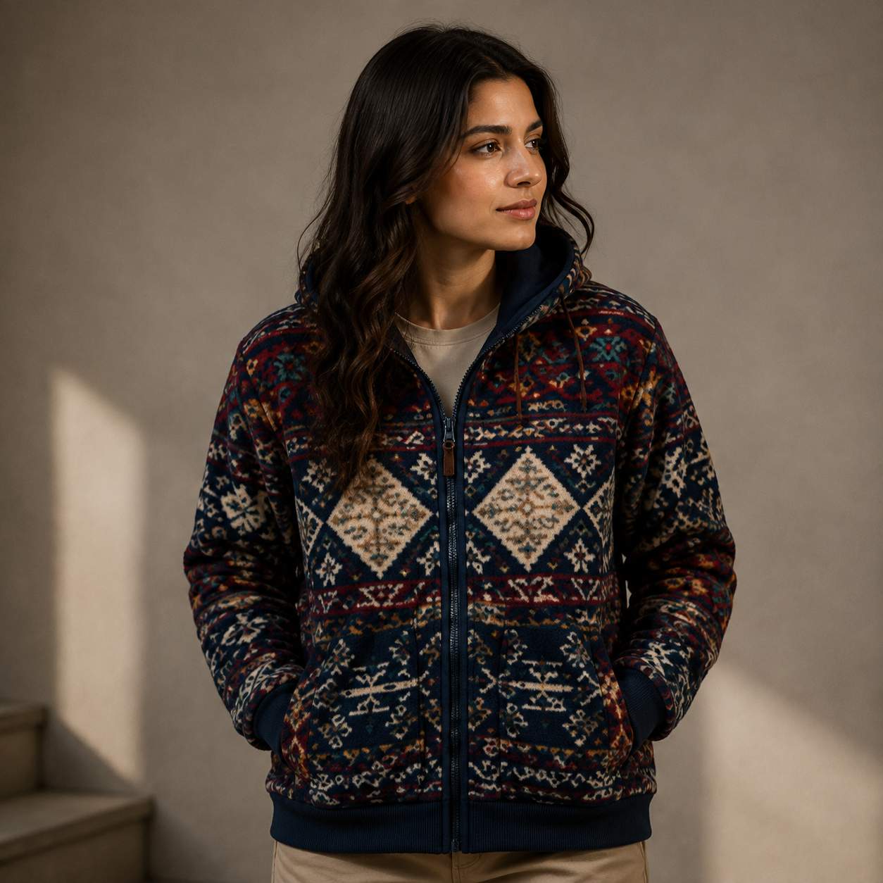 Women's Navy Aztec Diamond Sherpa Fleece Hooded Jacket 