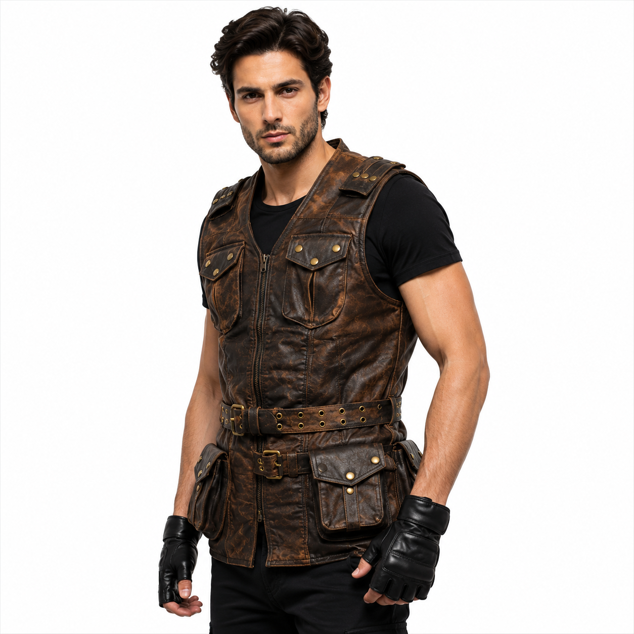 Men's Distressed Brown Leather Utility Vest with Buckles 