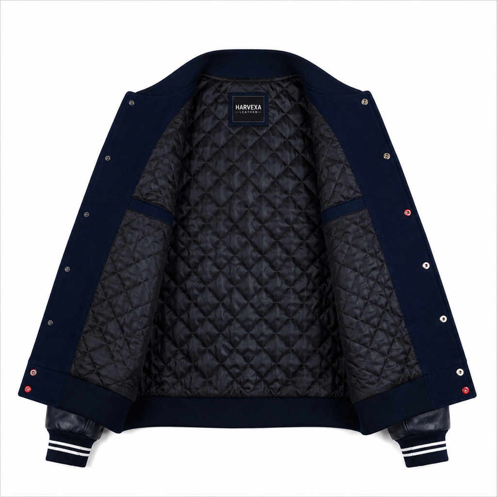 Navy Blue and Black Howard University HBCU Varsity Jacket Side View with Legacy History Pride Sleeve Patch