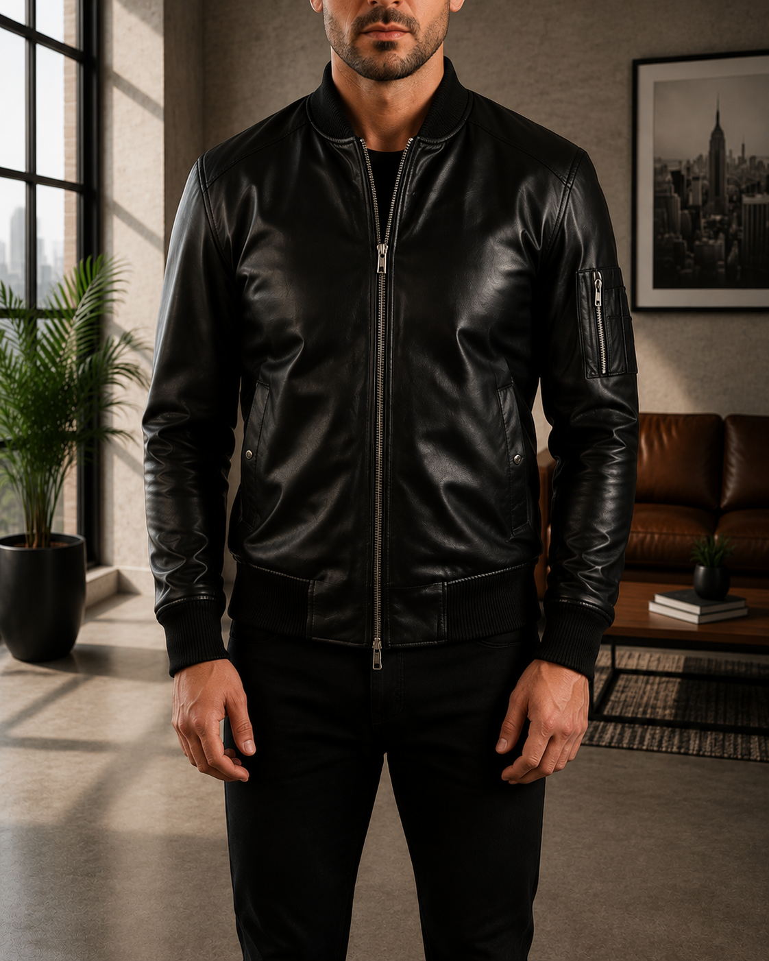 Men's Black Genuine Leather MA-1 Bomber Jacket