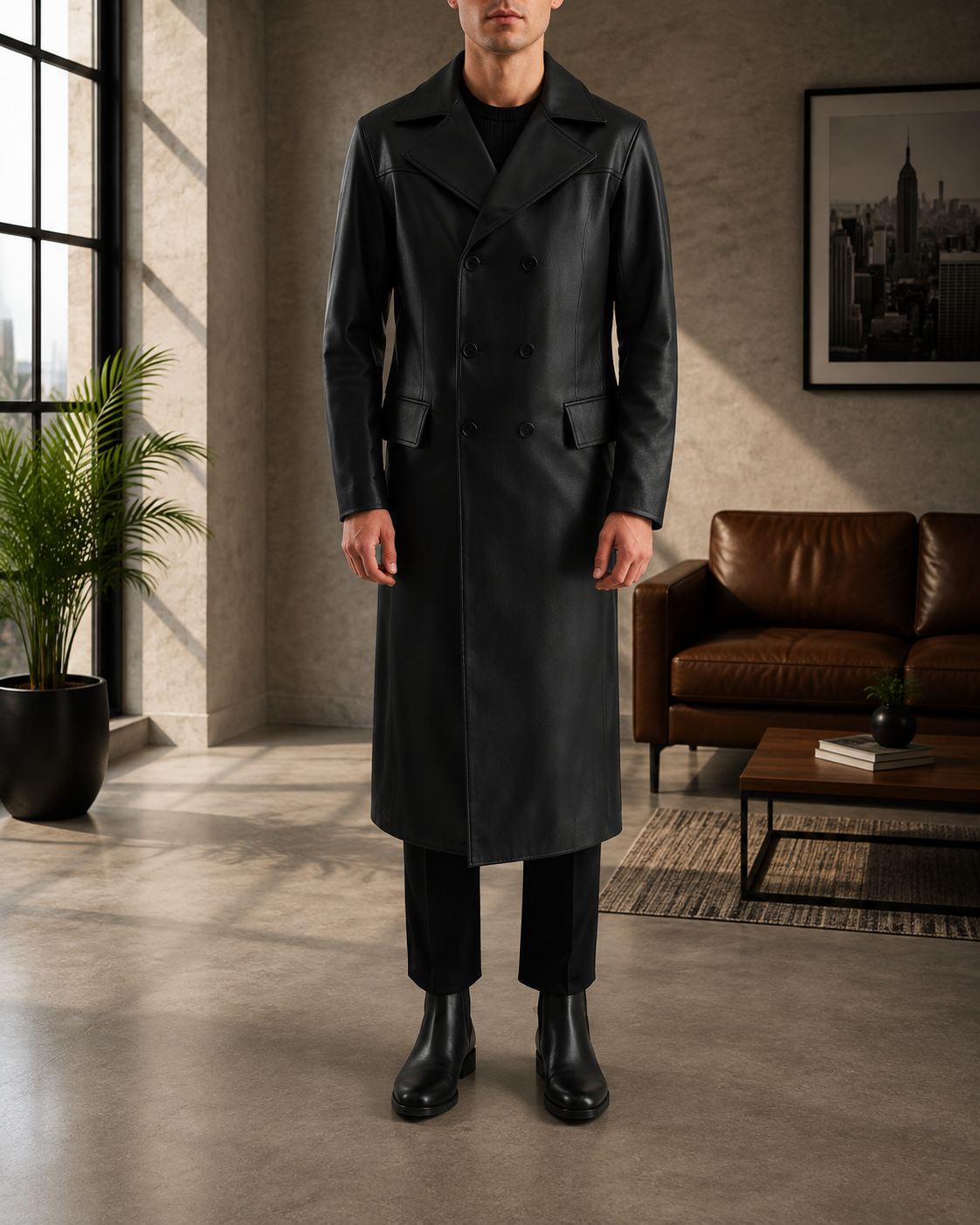 Delmar Black Leather Double Breasted Coat