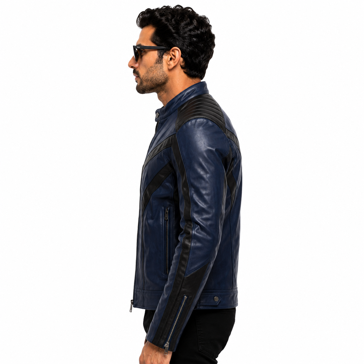 Men's Navy Blue & Black Racer Leather Jacket