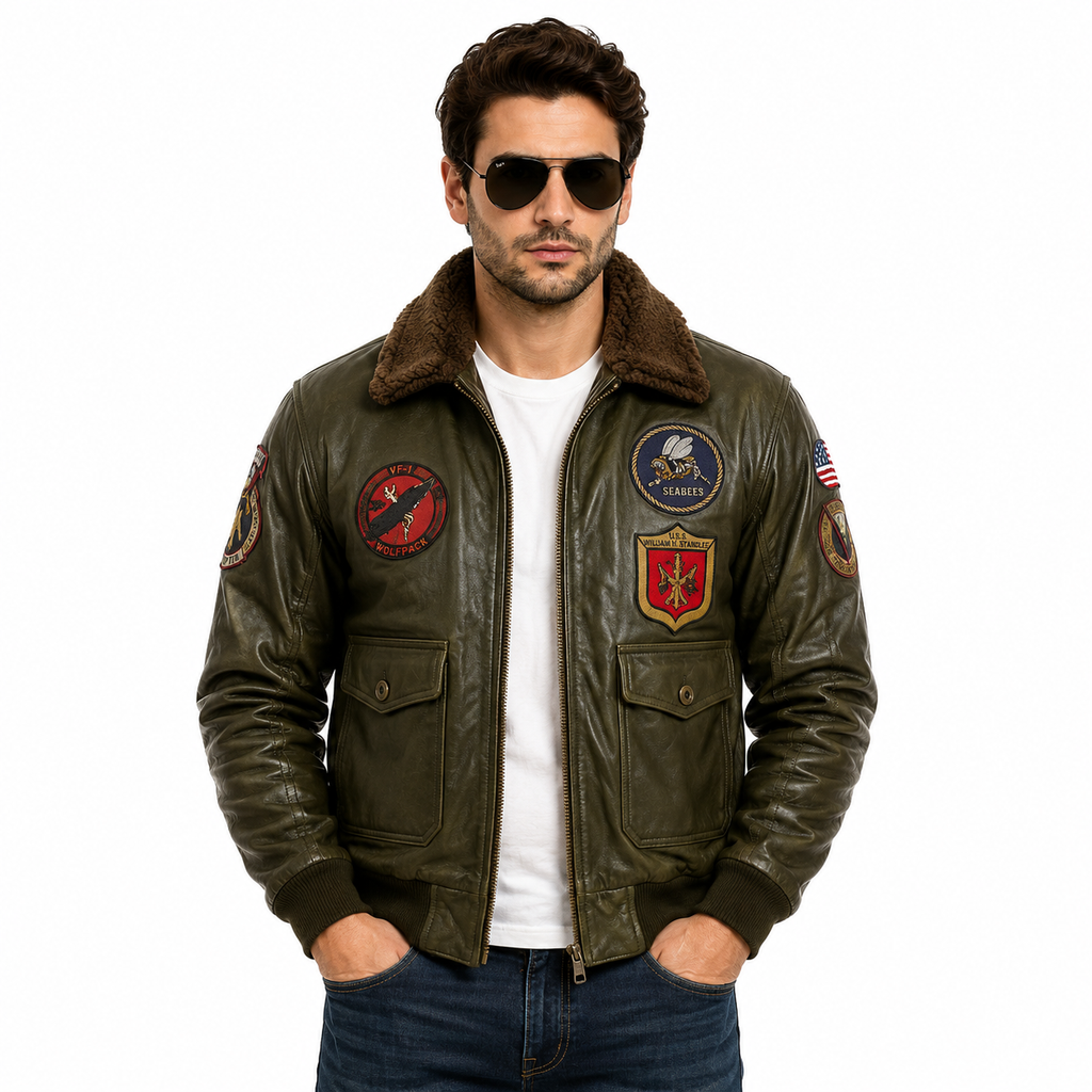 Men's Olive Green Aviator Leather Jacket