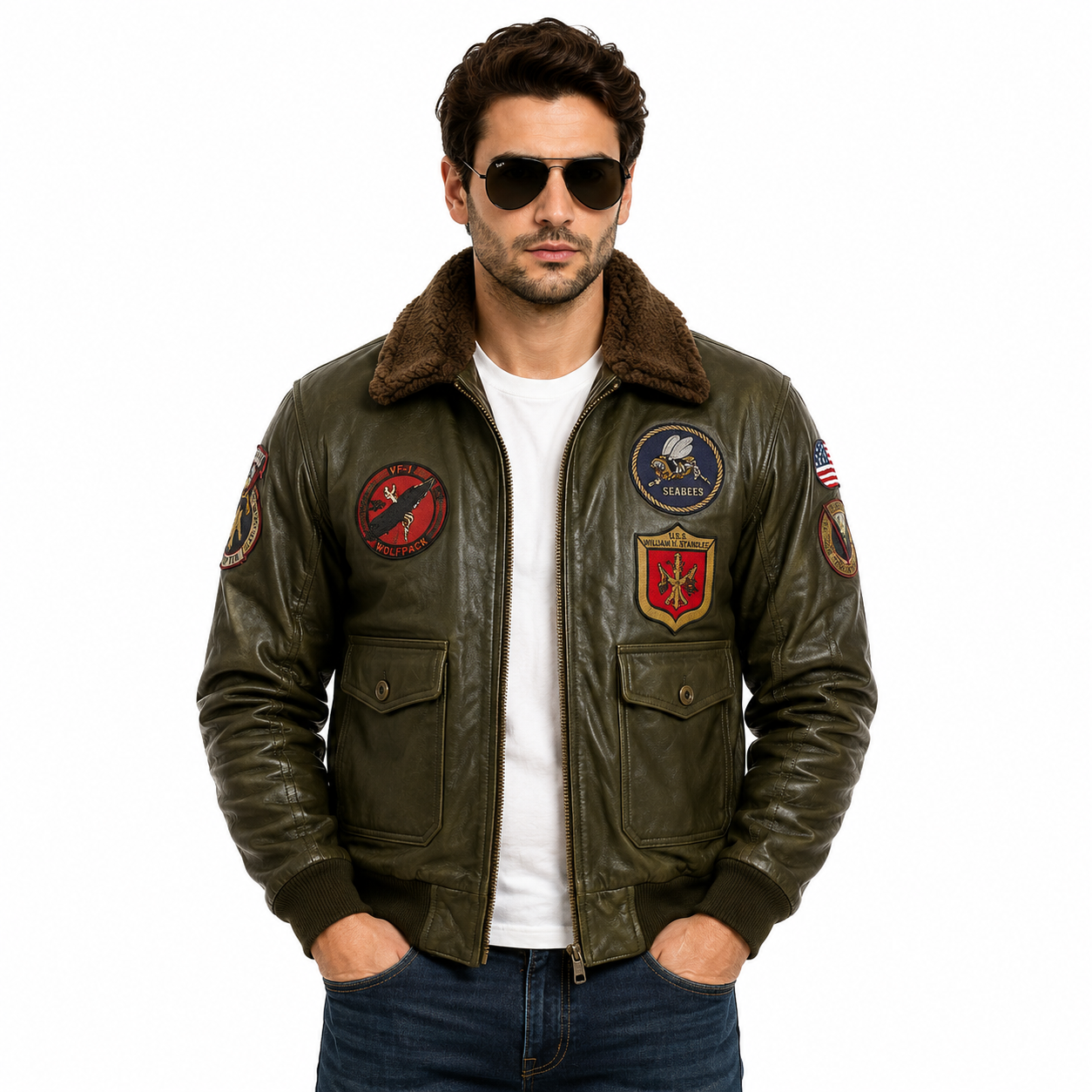Men's Olive Green Aviator Leather Jacket