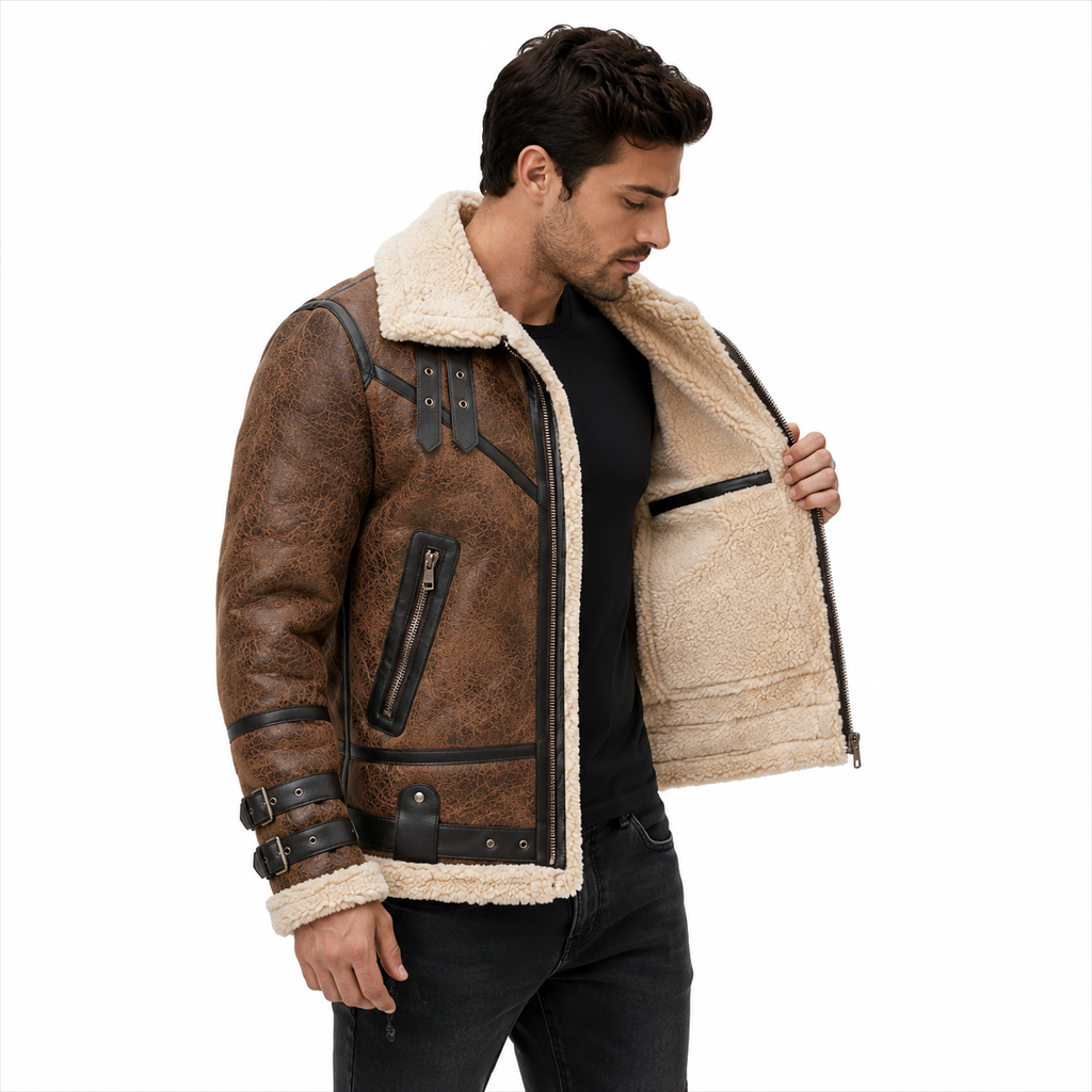 Men's Brown Distressed Shearling Aviator Leather Jacket
