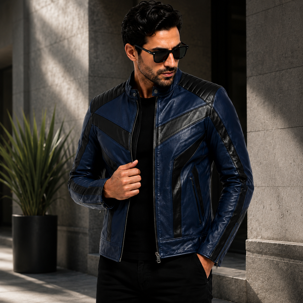 Men's Navy Blue & Black Racer Leather Jacket
