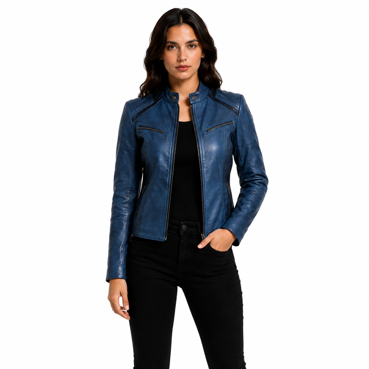 Women's Blue and Black Two-Tone Cafe Racer Leather Jacket