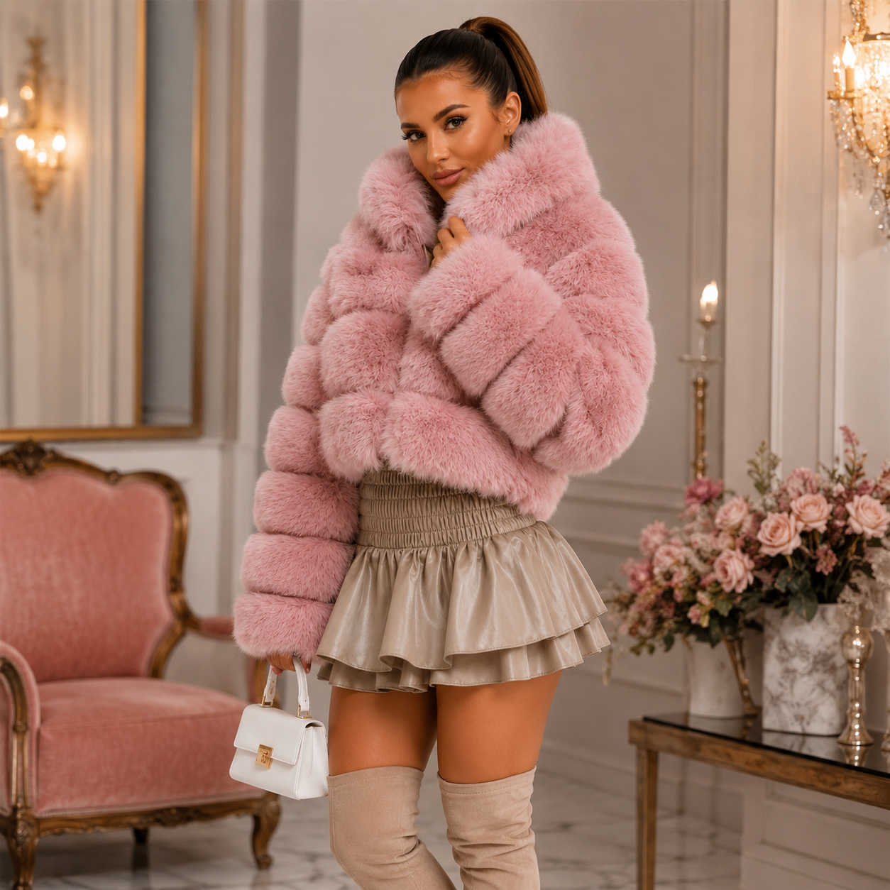 Women's  Pink Faux Fur Bubble Coat
