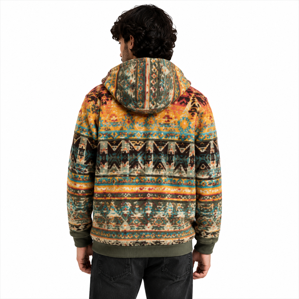 Men's Olive Sherpa Fleece Hoodie Back View