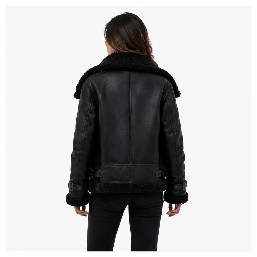 Women's black leather shearling jacket