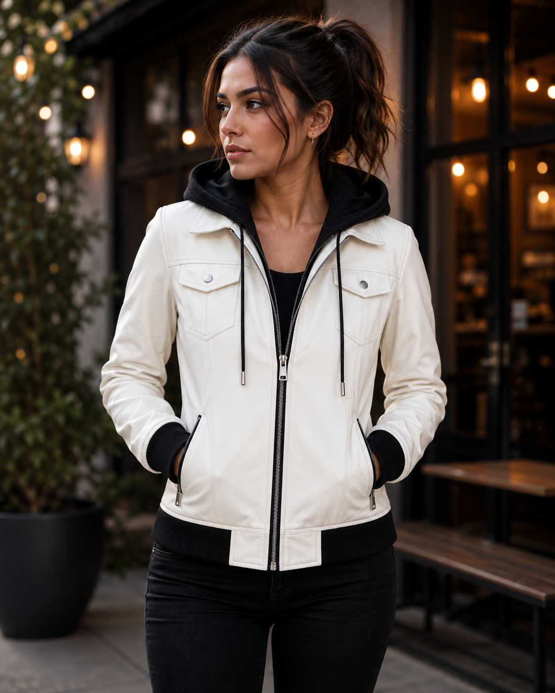 Lambskin Leather Biker Jacket Removable Hood Thumbhole