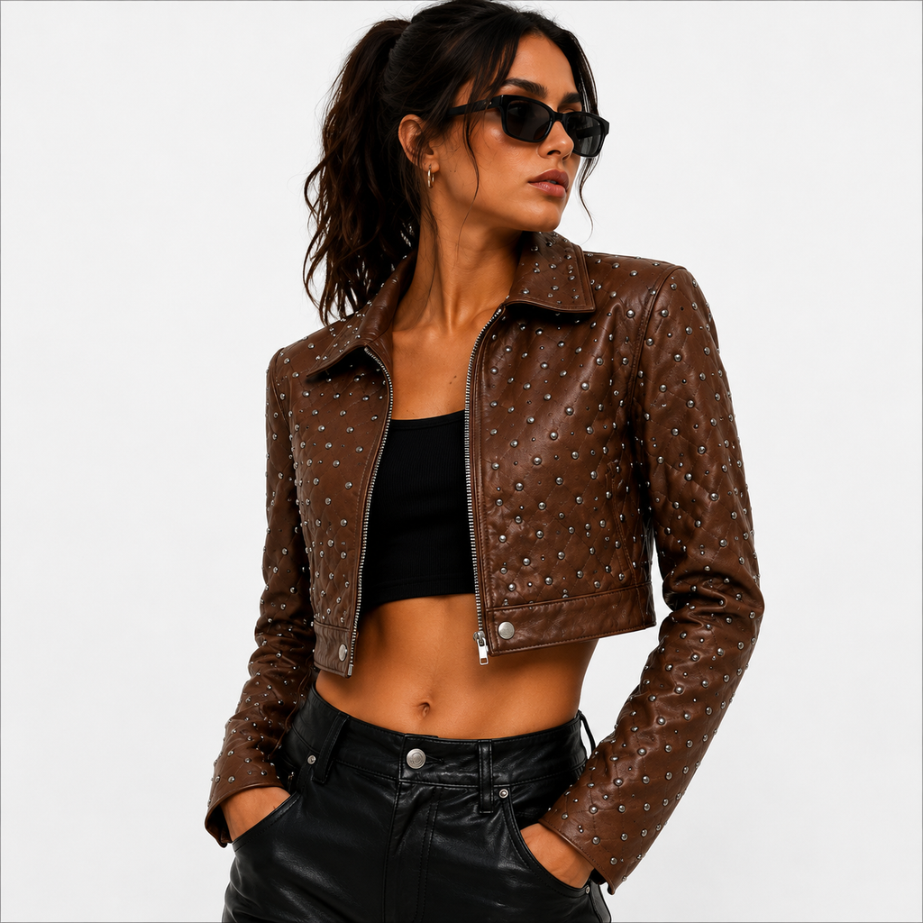 Women's Brown Cropped Studded Leather Jacket