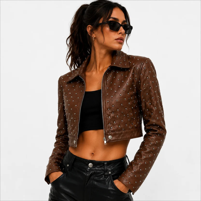 Women's Brown Quilted Studded Cropped Leather Jacket