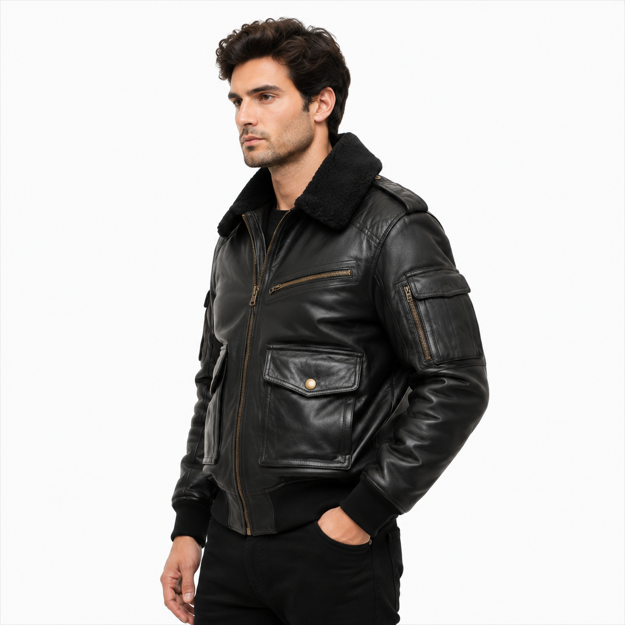 Shearling Collar Aviator Leather Jacket