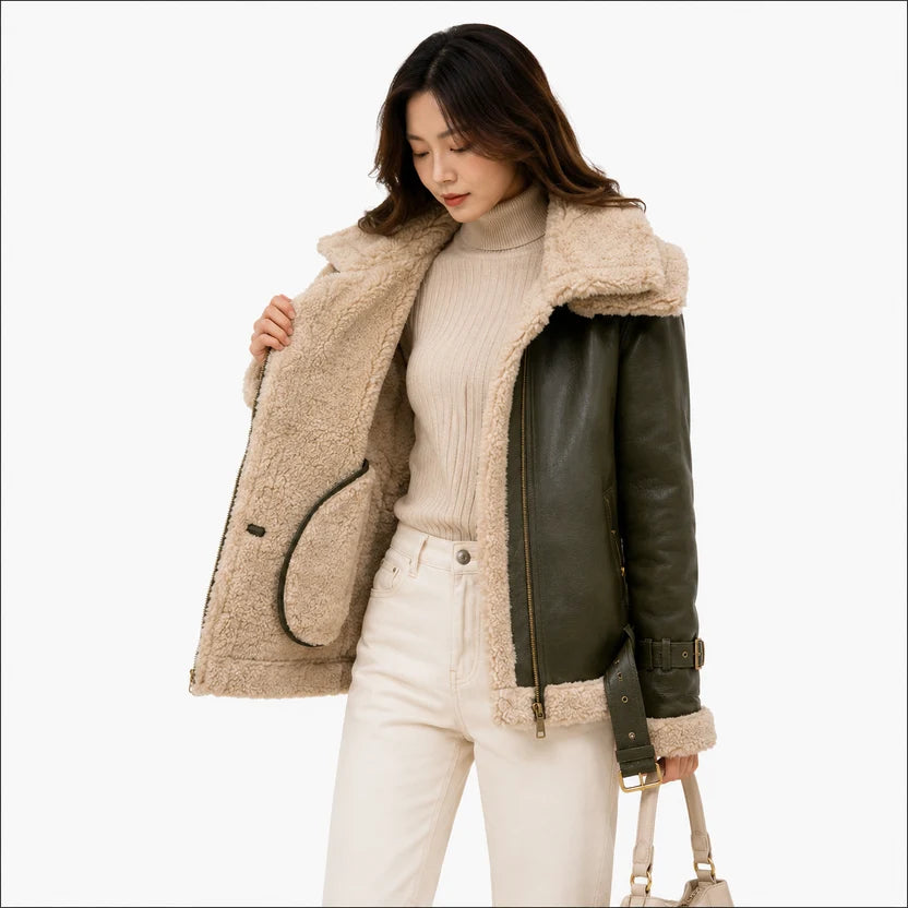 women's olive green shearling leather jacket 