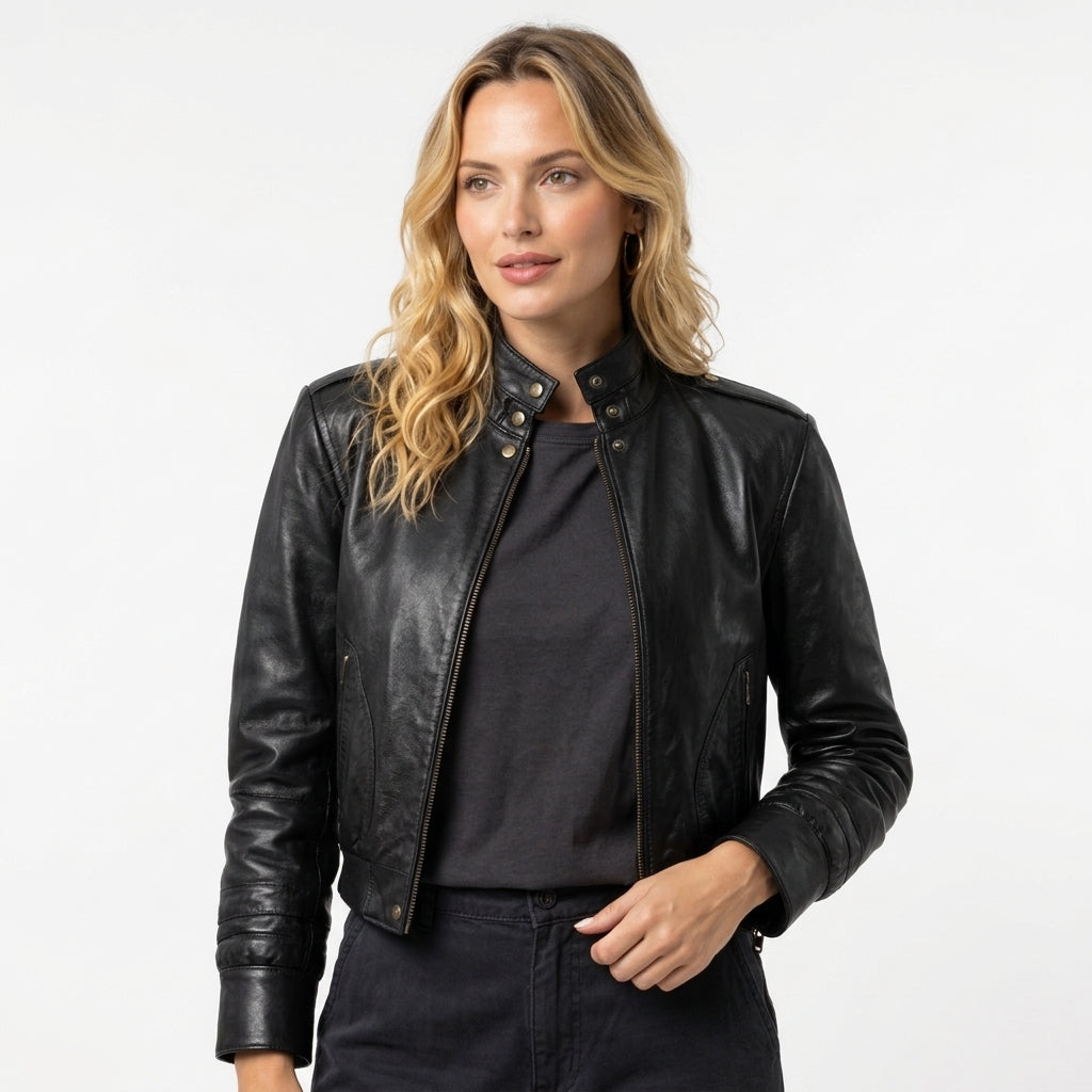 Classic black women's leather jacket with a fitted design, ideal for casual outfits and timeless street style