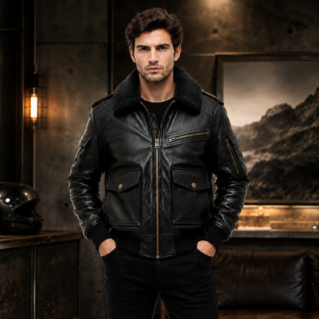 Men's Black Shearling Collar Genuine Leather Aviator Bomber Jacket