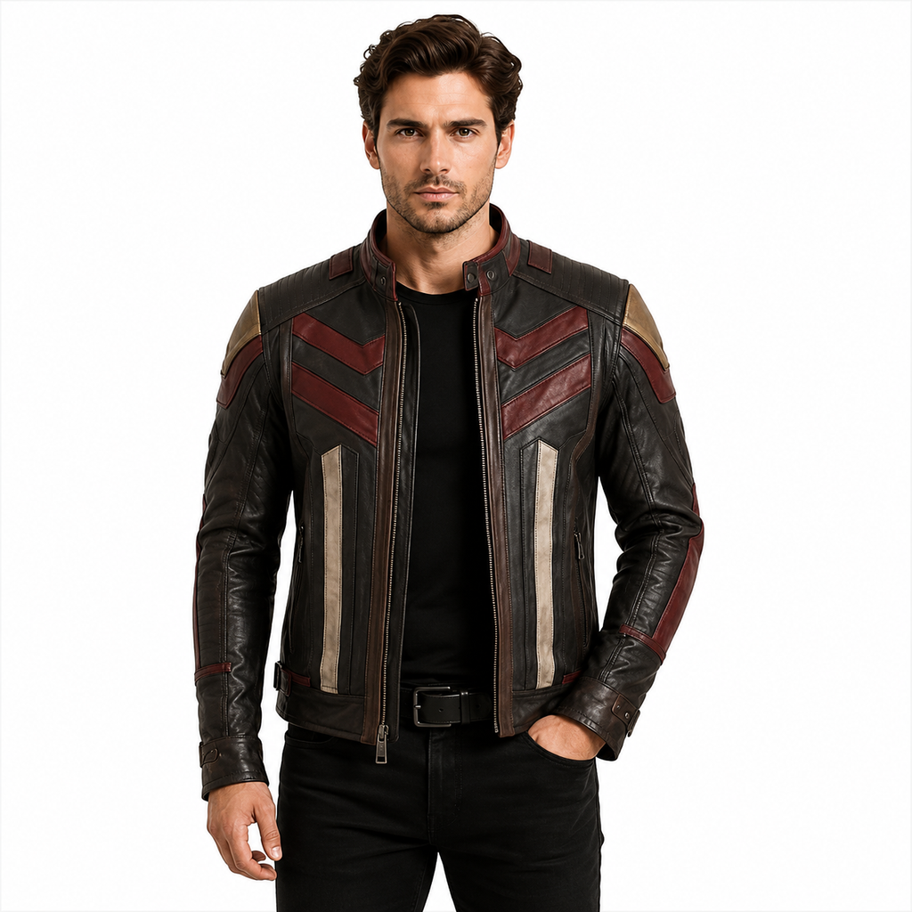 Men's Black Wine Red Gold Panel Genuine Leather Biker Jacket