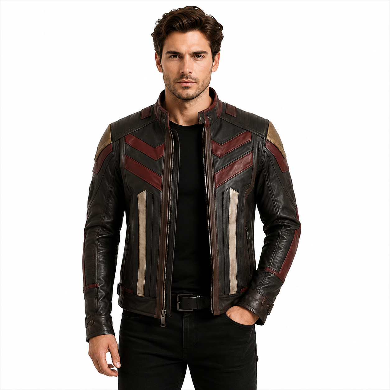 Men's Black Wine Red Gold Panel Genuine Leather Biker Jacket