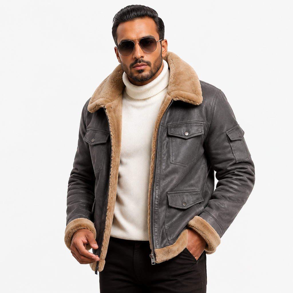 Men's Distressed Grey Suede Aviator Jacket