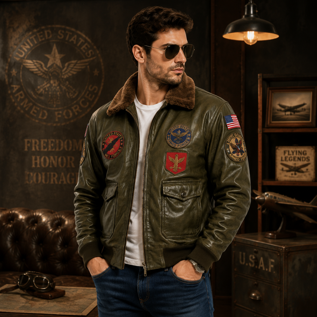 Men's Olive Green G-1 Aviator Leather Flight Jacket